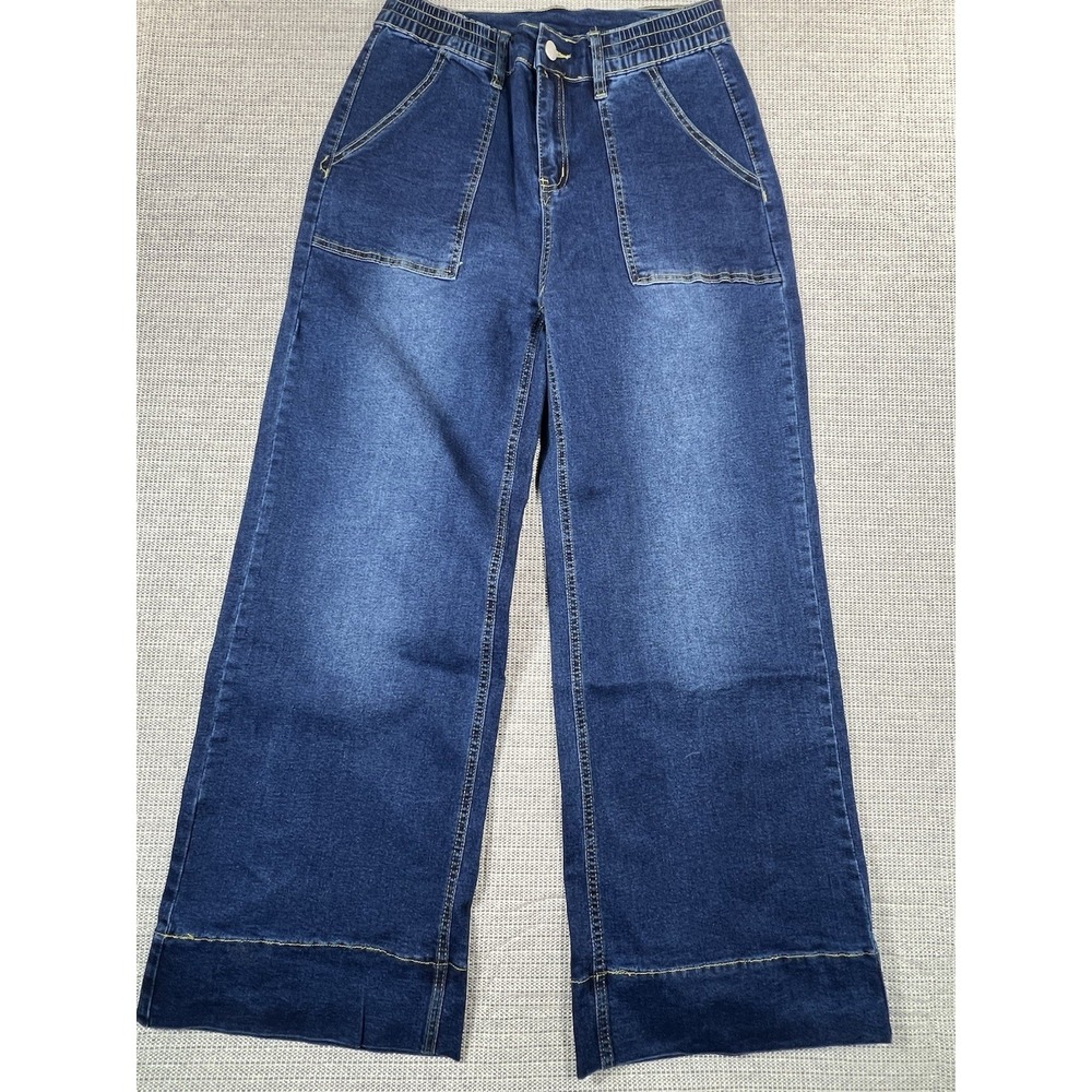 YABNILL womens High Waisted Sz M Wide Leg Jeans Darkblue